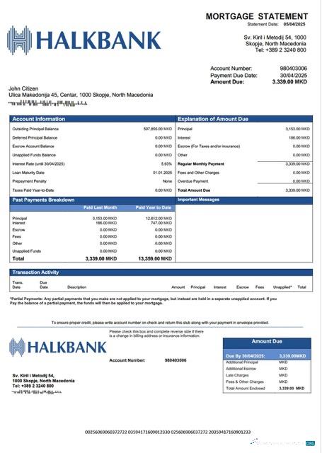Download North Macedonia Halkbank mortgage statement Word and PDF template Photoshop template